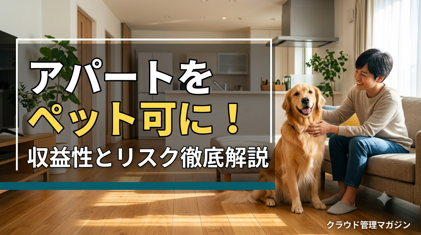リビングで犬と遊ぶ女性と犬、画面に日本語の大きな見出しが重なるペット可のアパート紹介のバナー
