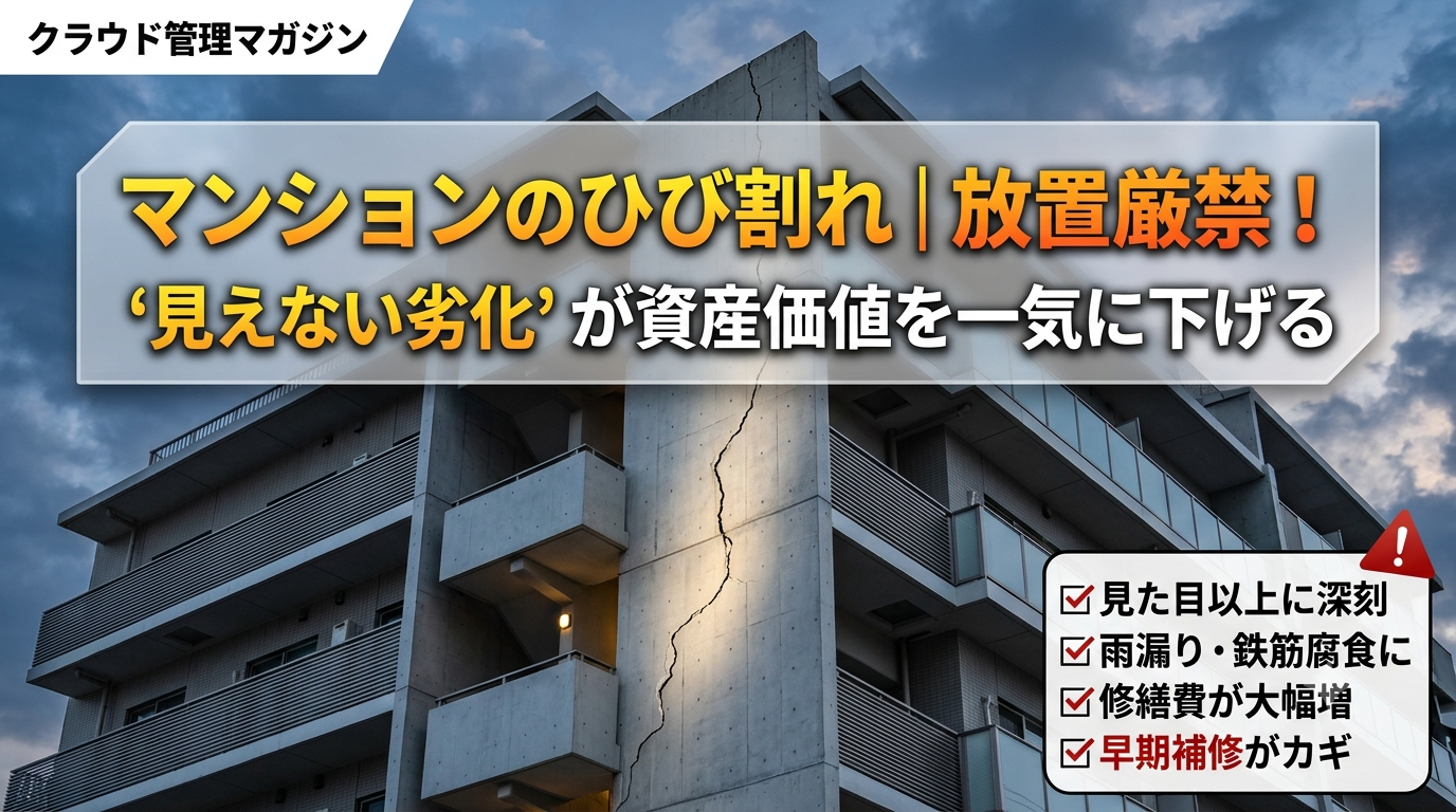 表紙風の画像。ひび割れが目立つコンクリート造のマンションと、放置厳禁の見出しが大きく配置されたデザイン。右下にはチェックリスト風のアイコン。