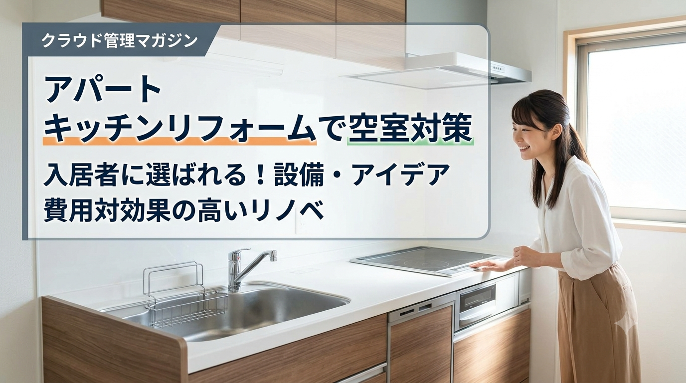 白いキッチンで作業する女性の横に、アパートのキッチンリフォームを伝える見出しが重なる宣伝画像。費用対効果の高いリノベを訴求。