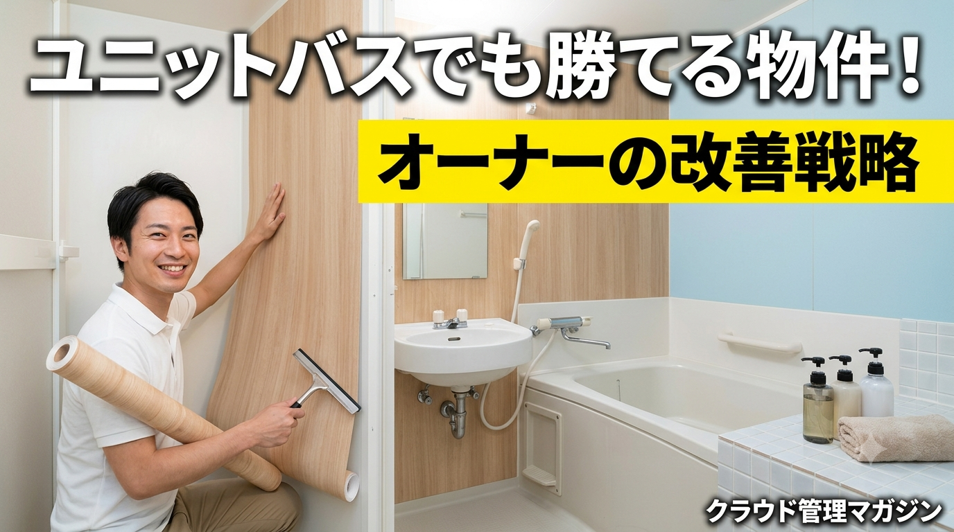 Smiling worker in a white shirt installs a wooden bathroom wall panel beside a bathtub during renovation; bold Japanese text overlays the image.