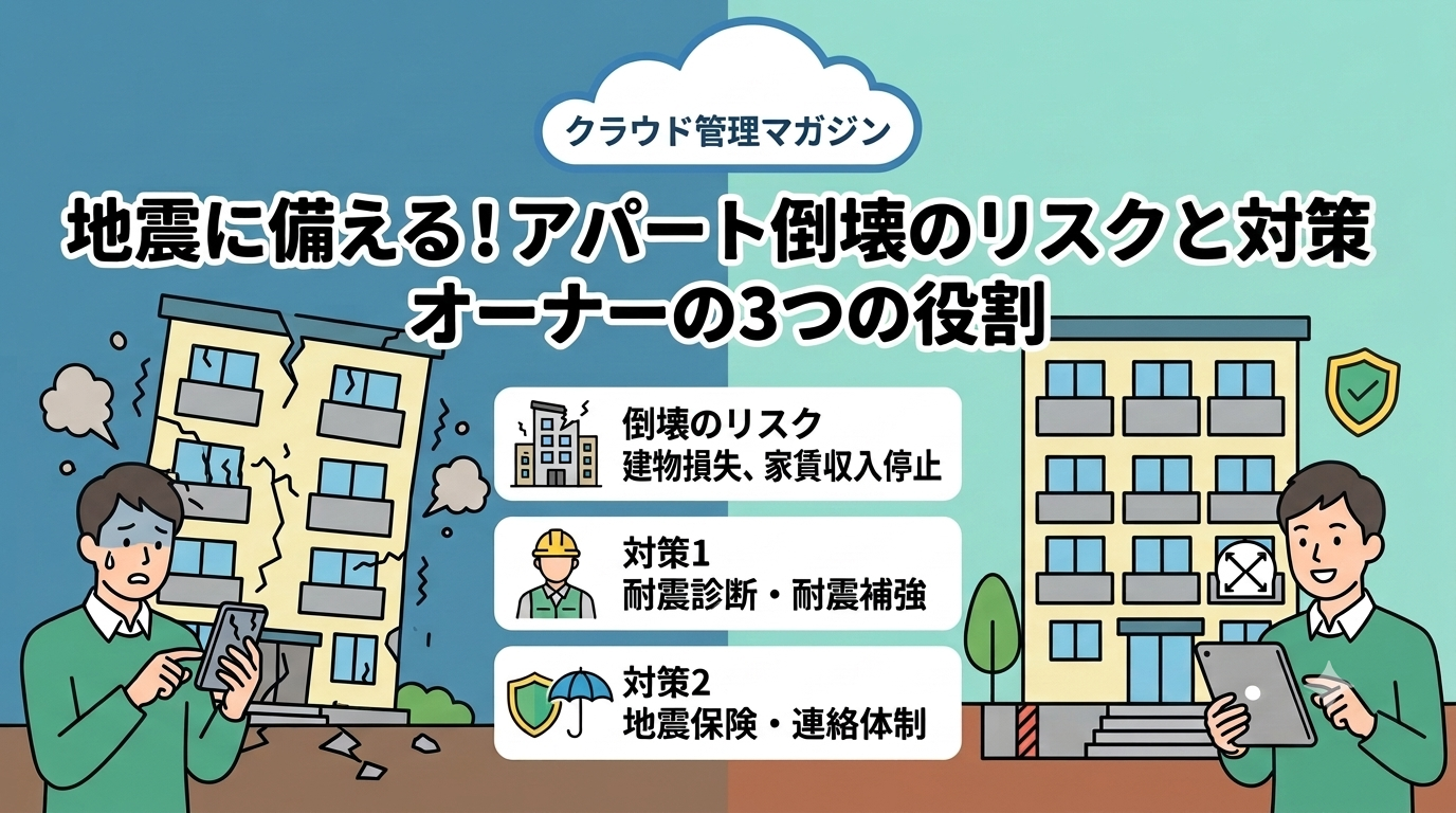 地震対策を伝えるイラスト。倒壊しそうな建物と安全な建物の間に、電話とタブレットを持つ人と中央の3つの対策リストが描かれている。
