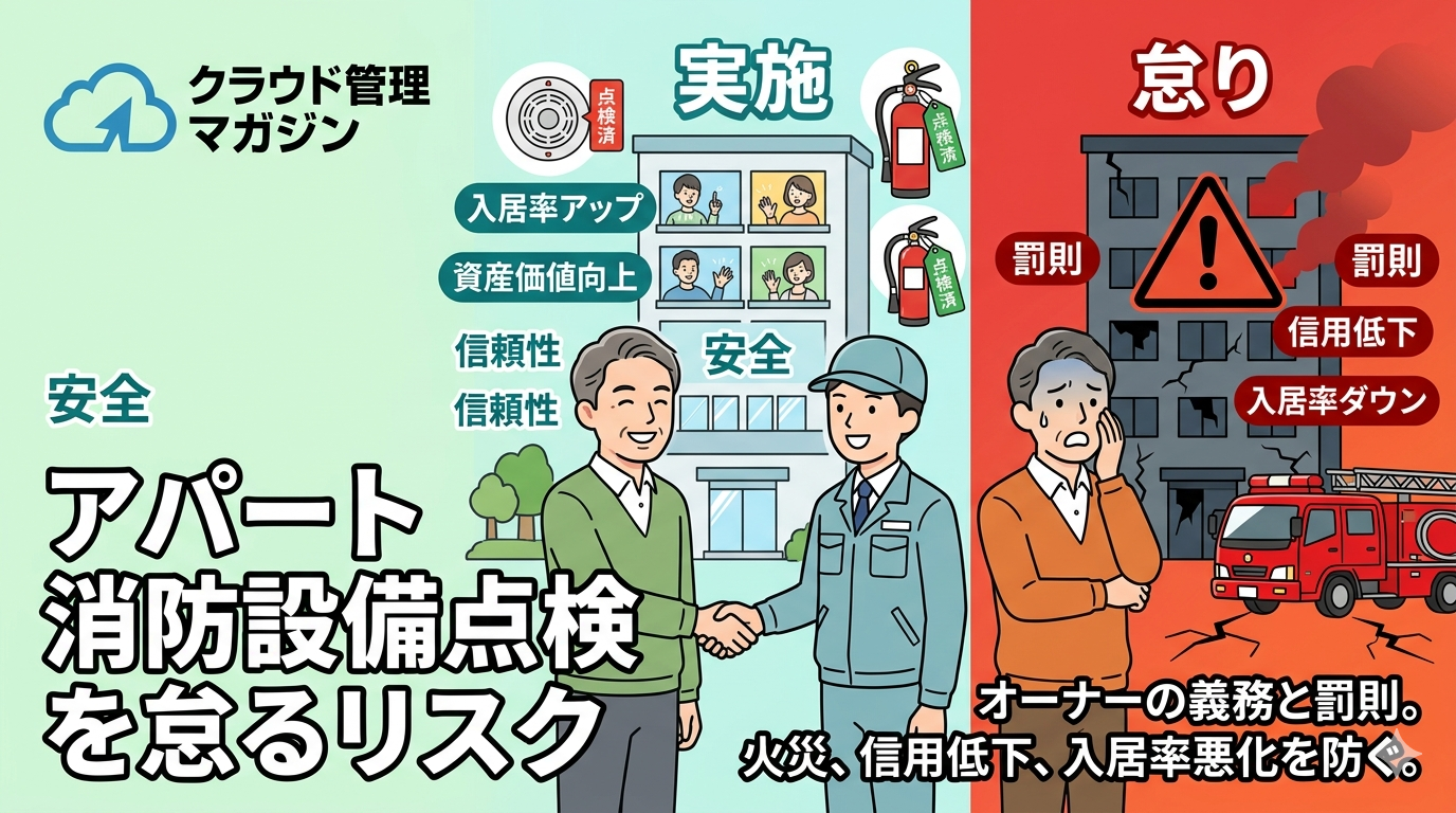 アパートの消防設備点検を忘れるリスクを示すポスター。左に安全ロゴ、中央は点検と握手、右は火災と罰則の警告。