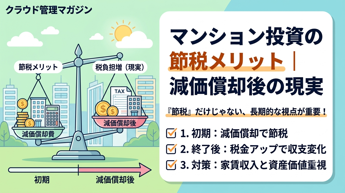 Infographic about tax advantages of apartment investments, showing a balance scale with depreciation and tax burdens against savings, set in a cityscape.