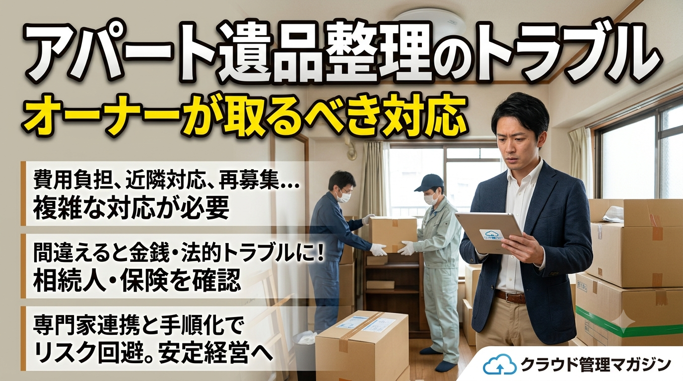 アパートの遺品整理トラブルについて、現場で書類を確認する男性と搬入中の段ボールが映る様子。持ち物を確認する専門家の対応を示す場面。