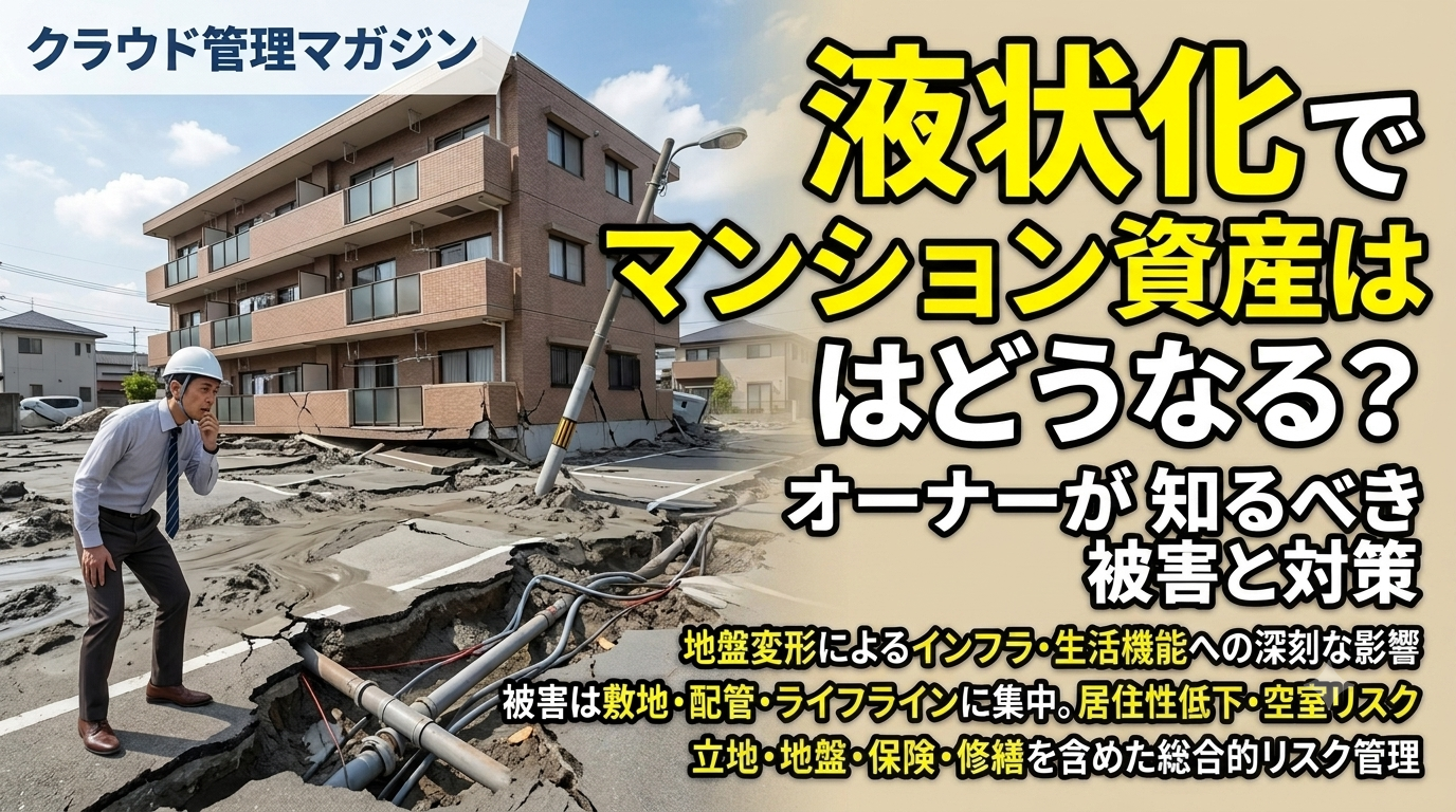 液状化被害の街角で、スーツ姿にヘルメットの男性が損傷現場を見つめる表紙画像(資産管理を伝える記事)