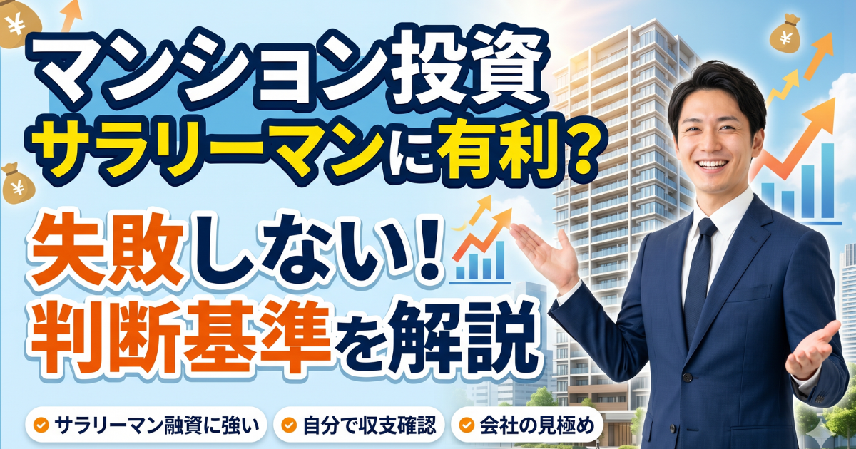 マンション投資はサラリーマンに有利?失敗しない判断基準を解説と書いてあり、マンションと男性が入った実写のサムネイル画像