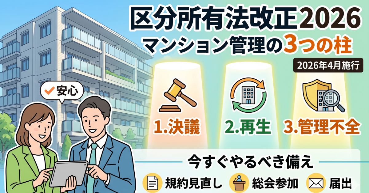 区分所有法改正2026マンション管理の3つの柱をイラスト画像で表したサムネイル