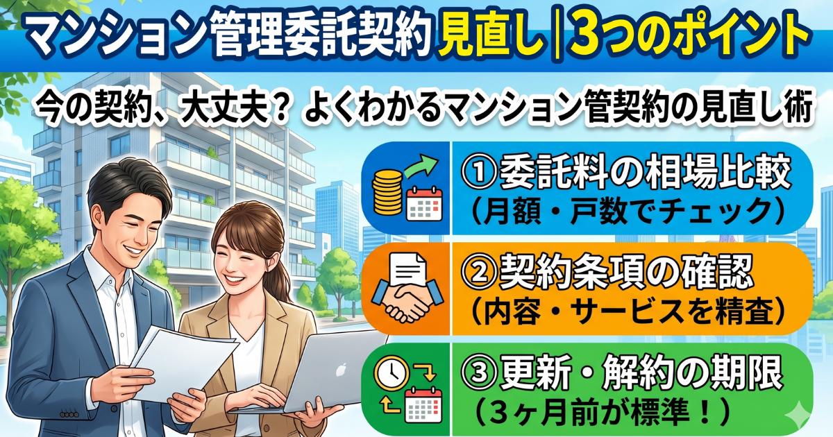 マンション管理委託契約、見直し3つのポイントを載せた、イラストのサムネイル画像
