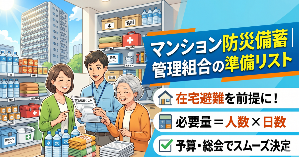 マンション管理組合の防災備蓄準備リストをイラストで表したサムネイル画像