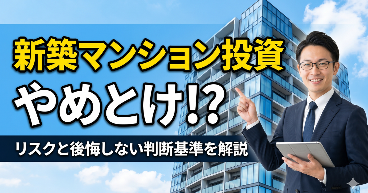新築マンション投資やめとけ!?男性営業マンが右人差し指を出して解説している様子のサムネイル写真