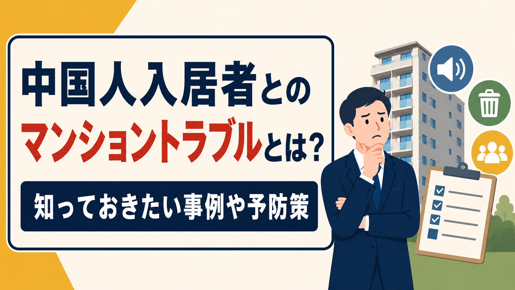 Public sign about apartment troubles with Chinese residents; worried man in suit beside a checklist and building illustration.
