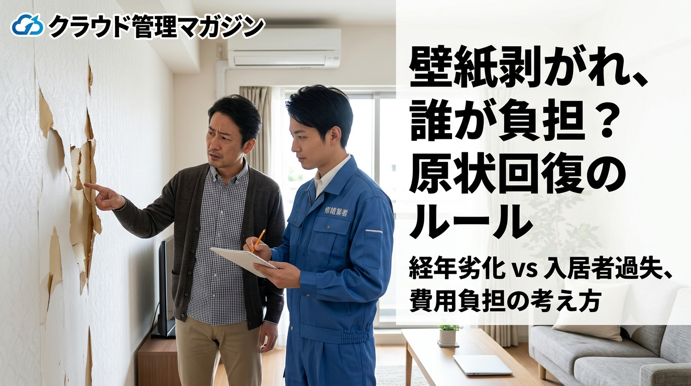 Two men discuss peeling wallpaper in a living room; one in a blue uniform takes notes while pointing at the damaged wall, with the magazine logo visible in the corner.