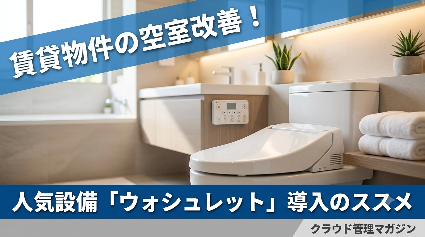 Modern bathroom with a white bidet toilet, towels, and potted plants; blue banner overlays advertise rental-property improvements and Washlet installation tips.