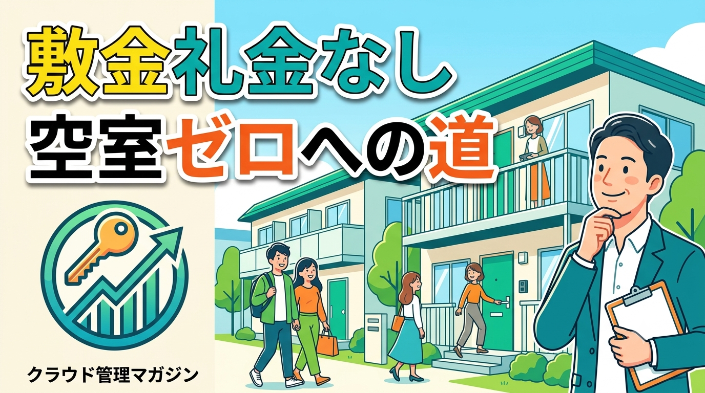 No security deposit or key money; showing a path to zero vacancies in housing, with a cheerful building scene and a real estate agent nearby.