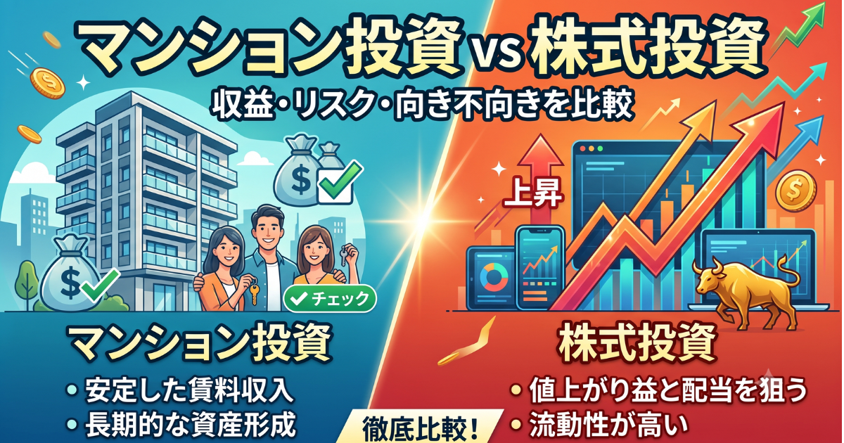 マンション投資VS株式投資の徹底比較を表したイラストサムネイル画像