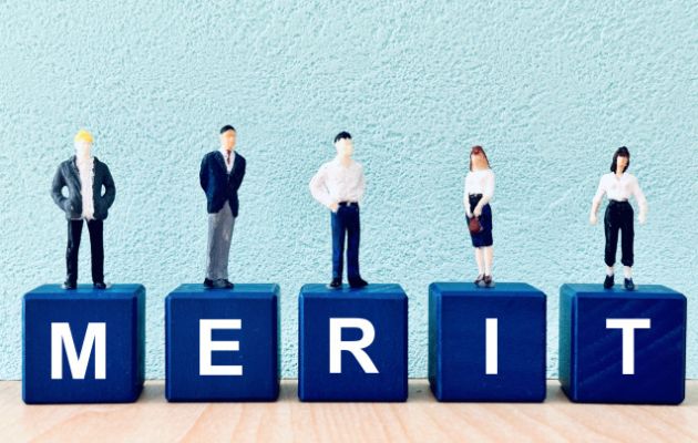 青のブロックで「MERIT」と並んでおり、ブロックの上にビジネスマンの人形がたている写真