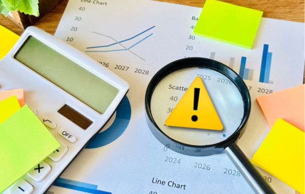 色々なデータをグラフで表示している書類の上に電卓と付箋、虫眼鏡が置いてある。虫眼鏡の上に黄色の三角にびっくりマークが書かれているもので違いを表している写真