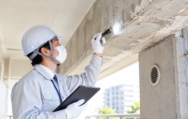 アスベストの事前調査をしている工事業者の写真