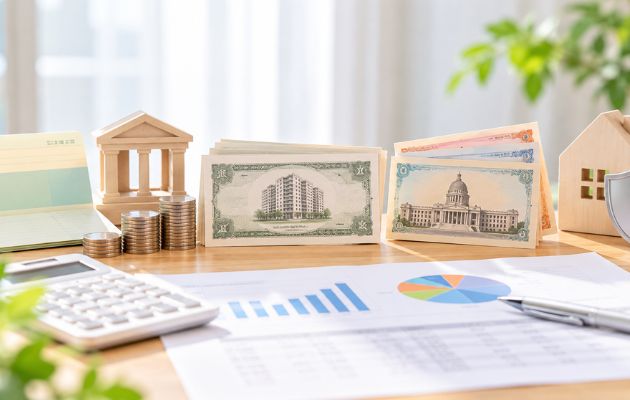 修繕積立金の運用をイメージした写真。外貨、電卓、通帳、資料が机の上に置いてある。