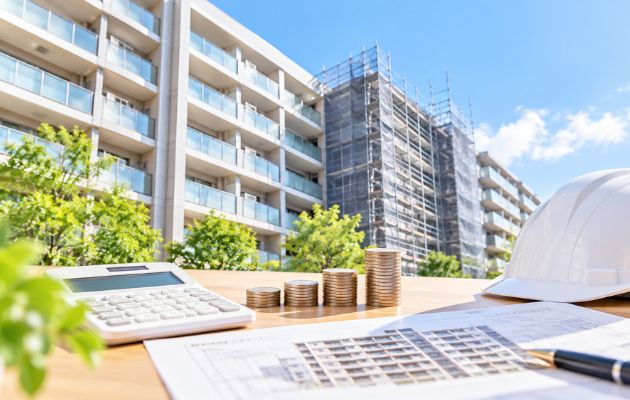マンション管理の修繕積立金の運用をイメージしたマンションや電卓、現金などの写真